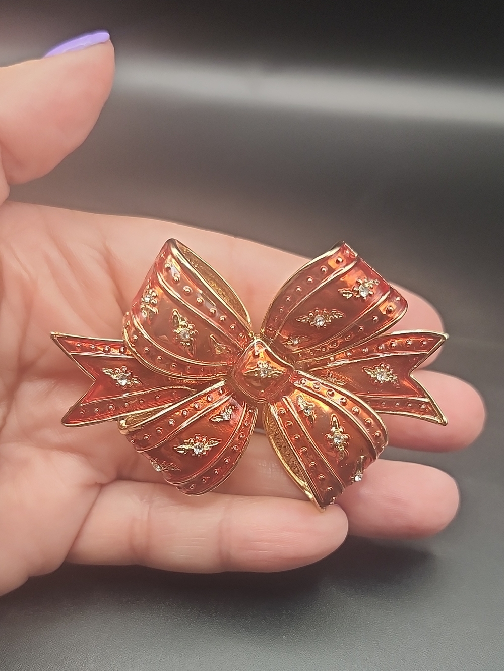 Joan Rivers Coral-Red and Gold Enamel Bow Brooch